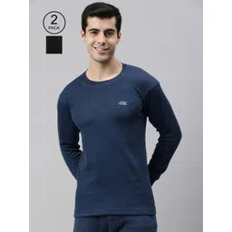 Lux Cottswool Men Pack Of 2 Black & Blue Solid Cotton Thermal Tops-picture-17