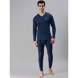Lux Cottswool Men Plus Size Blue Solid Cotton Thermal Set-picture-17