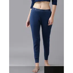 Lux Cottswool Women Pack Of 2 Black & Blue Solid Cotton Thermal Bottoms-picture-40