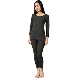 lux cozi HEATEK Black Melange Round Neck 3/4 Sleeve Top and Bottom Thermal Set for Women | Women Thermal Set | Style - 555-picture-19