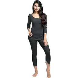 lux cozi HEATEK Black Melange Round Neck 3/4 Sleeve Top and Bottom Thermal Set for Women | Women Thermal Set | Style - 555-picture-14
