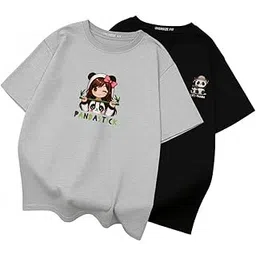 luxeape Cotton Blend Drop Shoulder Oversized Baggy Fit Half Sleeve Printed Solid Round Neck T-Shirts Combo for Women & Girls | Pair of 2 T-shirts | Casual Streetwear Graphic Tee | Loose Fit Cotton Top-picture-28