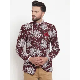 LUXURAZI Men Maroon & White Printed Bandhgala Party Blazer image 1
