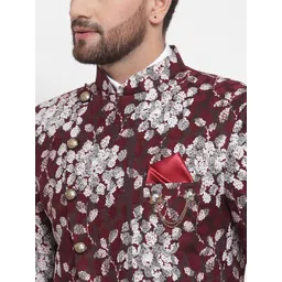LUXURAZI Men Maroon & White Printed Bandhgala Party Blazer image 5