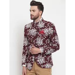 LUXURAZI Men Maroon & White Printed Bandhgala Party Blazer image 3