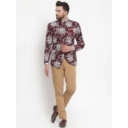 LUXURAZI Men Maroon & White Printed Bandhgala Party Blazer image 4