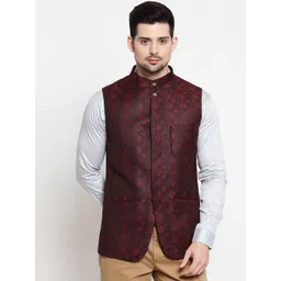 LUXURAZI Men Maroon Printed Woven Nehru Jacket-picture-12