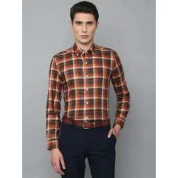 Luxure By Louis Philippe Orange & Brown Cotton Slim Fit Checks Shirt-picture-34