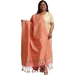 luxurion world Peach Banarasi Silk Dupatta for Women – Indian Ethnic Stole, Lightweight Wedding & Festival Wear, Traditional Banarasi Dupatta with Handcrafted Tassels, Designer Scarf for Outfits-picture-21