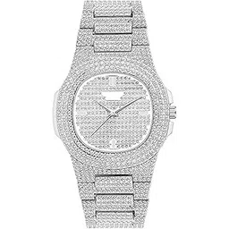 Luxury Crystal-Studded Analog Watch, Silver-Tone Metal Band, Full Iced Design-picture-26
