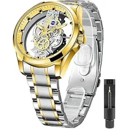 Luxury Skeleton Automatic Watch, Two-Tone Silver and Gold Stainless Steel Band, Transparent Glass Display, Fashion Mechanical Timepiece-picture-30