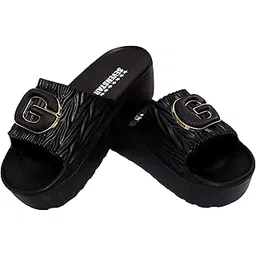 Luxury Style Black Slippers with Golden Buckle | Comfortable Wear Slides | For Women-picture-15