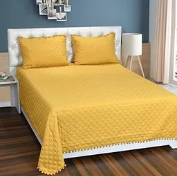 Luxury Ultrasonic Glace Cotton Solid Bubble lace Lightweight All Season Bedspreads/Bed Cover with 2 King Size Pillow Covers - (90x100 Inches,Mustard Yellow)-picture-16