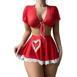 luxzii - a touch of luxury LUXZII Red 2 Piece Babydoll Dress for Women, V Neck Nightwear Bedroom Sexy Babydoll dress with Half Sleeves for Honeymoon, Anniversaries, Birthday-picture-18