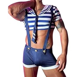 luxzii - a touch of luxury LUXZII Trendy Men's Sailor Sexy Costume Set - Nautical-Themed Short Sleeve Crop Top with Striped Design, Matching High-Waist Shorts, Adjustable Suspenders, and Neck Tie and Cosplay Events-picture-20