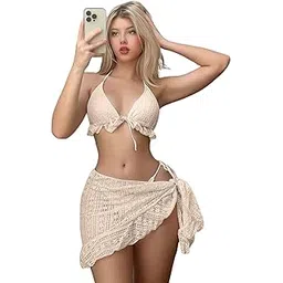 luxzii - a touch of luxury LUXZII Women’s Lace Babydoll Dress with Halter Top & Wrap Skirt – Two-Piece Nightwear for Honeymoon, Anniversary & Special Occasions (Free Size)-picture-15