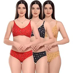 luzwe Women's Flower Printed Bikini Non Padded Bra & Panty Regular Lingerie Set for Women Combo Multi Pack of 3-picture-25