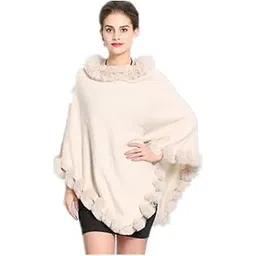 lvcomeff Women Woolen Faux Rabbit Fur Poncho Pullover Wrap Stole Shawl with Fur Trim Autumn Winter Spring-picture-47