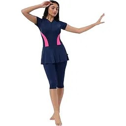 lycot Nylon Women's Fromt Zip Frock Style Half Sleeves Knee Length Swimwear-picture-24
