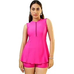 lycot Women's A-Line High Neck + Sleeveless Hot Short Front Zip Plain Swimwear-picture-45