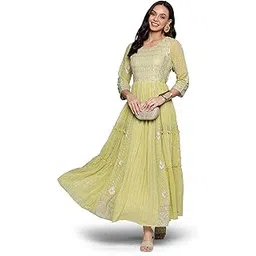 Georgette Sequence Zari Embroidered Mirror Work Flared A-Line Frilled Gown For Women-image-5