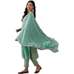 lymi label Sky Milky Georgette Zari Sequence Embroidered Kurta with Pant and Dupatta Set-picture-23