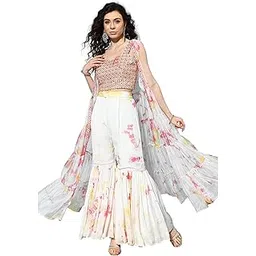 Top Palazzo With Shrug Set For Women - Organza Zari Sequence Embroidery With Mirror Work Regular Fit Straight Top Sharara With Shrug Set For Women-image-15