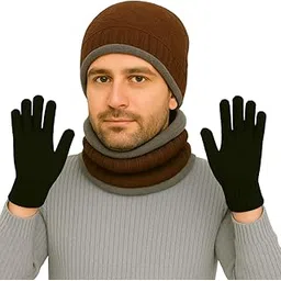 lyonardo Winter Thick Fleece Lined Beanie woolen Cap Hat, Neck Scarf and Touchscreen Gloves Set cap for Men Women(3 set)-picture-33