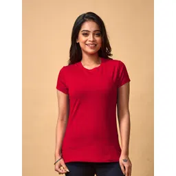 lyra Women Solid Round Neck Pure Cotton Red T-Shirt-picture-13