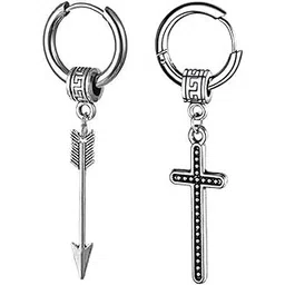 m men style Arrowhead Christ Jesus Cross Titanium Steel Silver Stainless Steel Hoop Earrings For Men And Women-picture-19