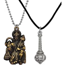 m men style Hindu Lord Bajrangbali Hanuman idol Monkey God of Devotion Ball Chain With Gada Silver Cotton Dori Zinc And Metal Pendant Necklace For Men And Women SPn2022802-picture-43