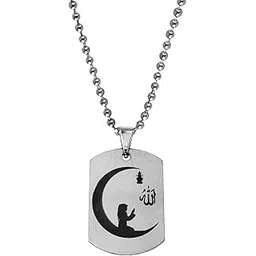 m men style Islamic Crescent Moon Allah Prayer Silver And Black Stainless Steel Pendant Necklace Chain For Men And women-picture-48