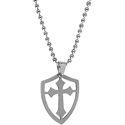 m men style Mens Cross Shield Charm Religious Jewelry Cross Shield Pendant Silver Stainless Steel Pendant Necklace Chain For Men And Women LC110-picture-33