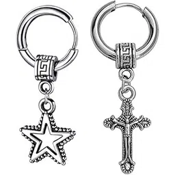 m men style Star Dangle Hoop Studs With Christ Cross StudsHoop Punk Titanium Steel Piercing Jewellery Silver Stainless Earrings For And Women-picture-14