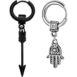 m men style Stylish Arrowhead With Hamsa Palm Hand Hoop Black & Silver Stainless Steel Earrings For Men And Women-picture-56
