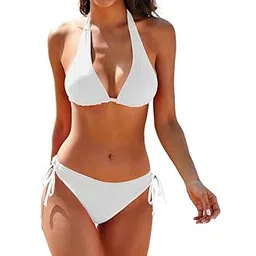 m.a.1 Women's Halter Neck Two-Piece Bikini Swimsuit, White, Tie-Side Bottom-picture-14