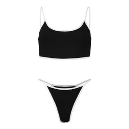 m.a.1 Women's Two-Piece Bikini Swimsuit, Black with White Trim, Spaghetti Straps, High-Cut Bottom image 2