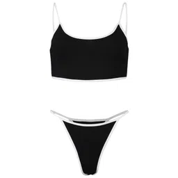 m.a.1 Women's Two-Piece Bikini Swimsuit, Black with White Trim, Spaghetti Straps, High-Cut Bottom image 1