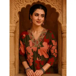 Maaesa Women Floral Printed Sequins Cotton Straight Kurta-picture-30