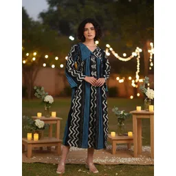 Maaesa Women Geometric Printed Gathered or Pleated Fit & Flare Midi Dress-picture-13