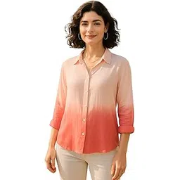 maaesa Women Handmade Peach-Pink Ombre Tie-Dye Rayon Shirt | Lightweight Breathable | Loose Fit | Long Sleeve Button-Down | Classic Collar | Casual & Office Wear (Available in S–3XL)-picture-36