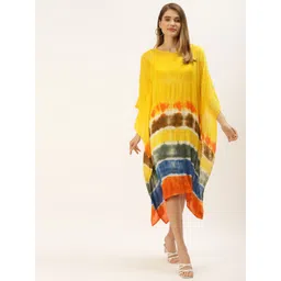Maaesa Women Yellow & Orange Tie and Dye Kaftan Midi Dress-picture-14