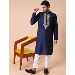 MAAHI FABS Men Blue Cotton Blend Ethnic Motifs Embroidered Regular Kurta with Pyjamas-picture-27