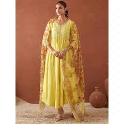 MAAND Women Embroidered Empire Mirror Work Pure Silk Kurta Set With Dupatta-picture-32