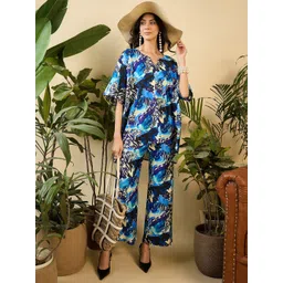 MABISH by Sonal Jain Blue Anti Fit Kaftan Top With Pants Abstract Brush Stroke Print-image-1