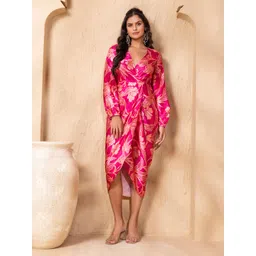 MABISH by Sonal Jain Floral Printed Satin Wrap Midi Dress-image-44