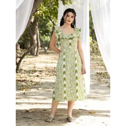 Mabish By Sonal Jain Green Cotton Regular Fit Printed Dress-image-40