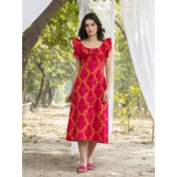 Mabish By Sonal Jain Pink & Orange Cotton Regular Fit Printed Dress-image-30