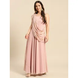 MABISH by Sonal Jain Pink Layered Georgette Maxi Dress With Dupatta Drape-image-6