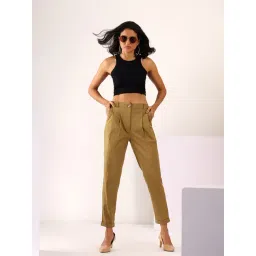 Mabish By Sonal Jain Pleated Stretchable Cotton Lycra Trouser In Tan-picture-20